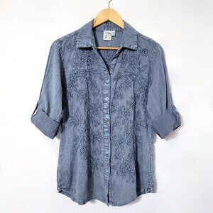 Parsley & Sage Womens Embroidered Chambray Top Size L Blue Roll Tab Cottagecore